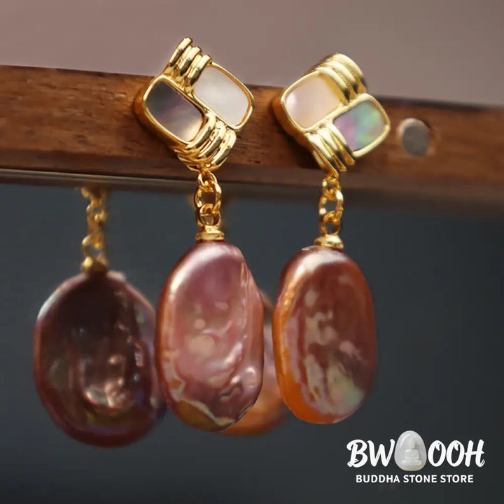 Buddha Stones 925 Sterling Silver Posts Copper Plated Gold Natural Baroque Pearl Healing Drop Earrings - Earrings