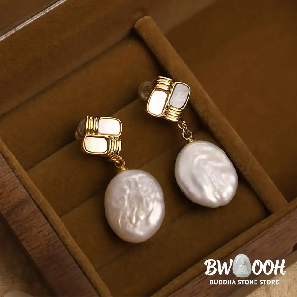Buddha Stones 925 Sterling Silver Posts Copper Plated Gold Natural Baroque Pearl Healing Drop Earrings - Earrings