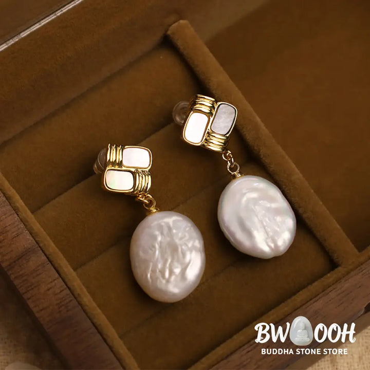 Buddha Stones 925 Sterling Silver Posts Copper Plated Gold Natural Baroque Pearl Healing Drop Earrings - Earrings