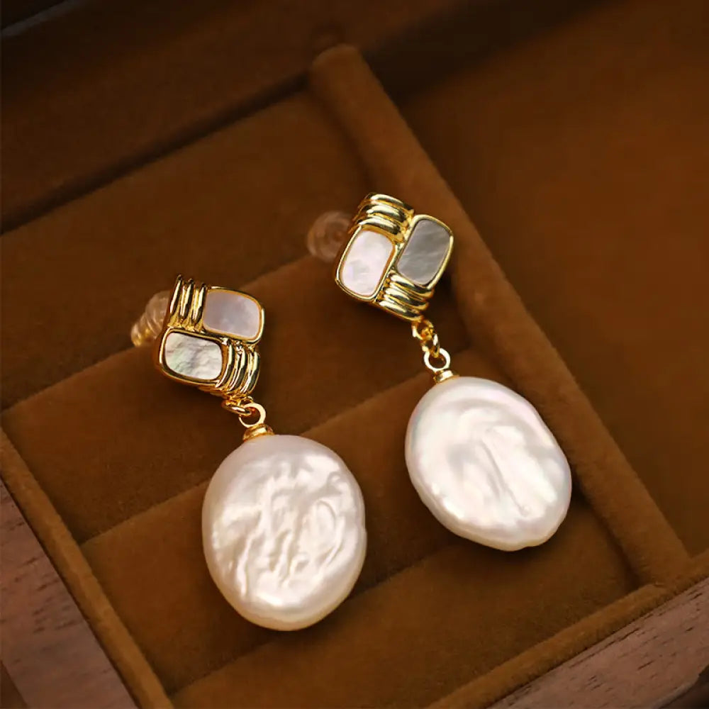 Buddha Stones 925 Sterling Silver Posts Copper Plated Gold Natural Baroque Pearl Healing Drop Earrings - White Baroque