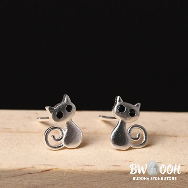 Buddha Stones 925 Sterling Silver Posts Cute Cat Kitten Blessing Stud Earrings - 925 Sterling Silver - Earrings