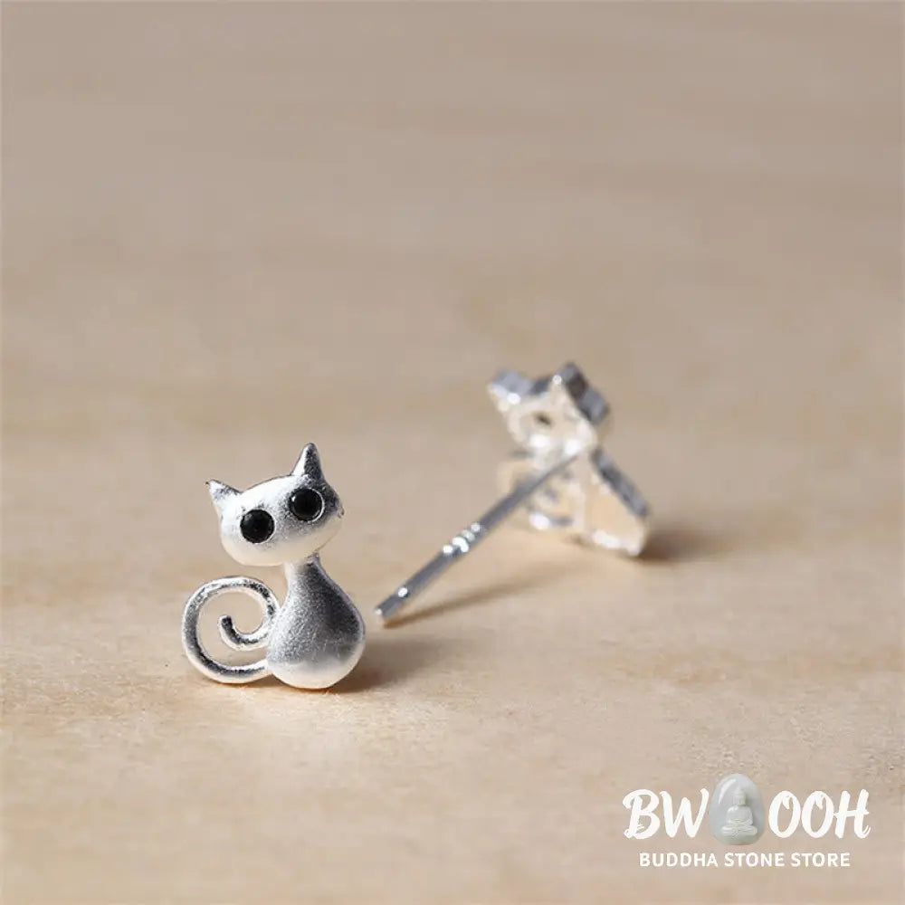 Buddha Stones 925 Sterling Silver Posts Cute Cat Kitten Blessing Stud Earrings - 925 Sterling Silver - Earrings