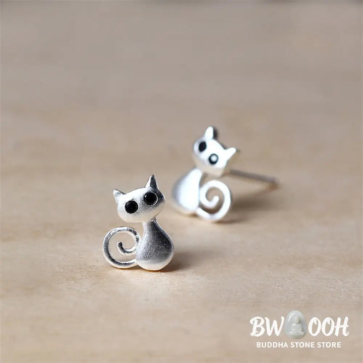 Buddha Stones 925 Sterling Silver Posts Cute Cat Kitten Blessing Stud Earrings - 925 Sterling Silver - Earrings