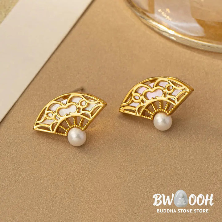 Buddha Stones 925 Sterling Silver Posts Fan Pattern Pearl Copper Wisdom Stud Drop Earrings - Pearl Copper(925 Sterling