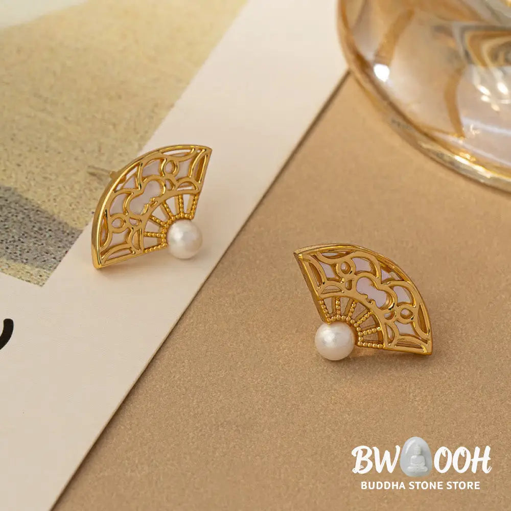 Buddha Stones 925 Sterling Silver Posts Fan Pattern Pearl Copper Wisdom Stud Drop Earrings - Pearl Copper(925 Sterling