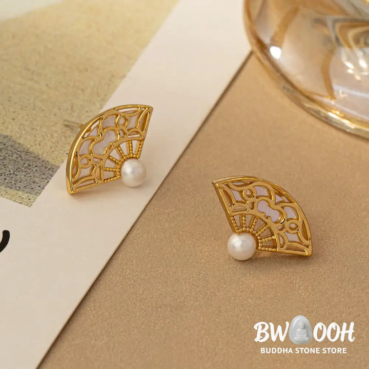 Buddha Stones 925 Sterling Silver Posts Fan Pattern Pearl Copper Wisdom Stud Drop Earrings - Pearl Copper(925 Sterling