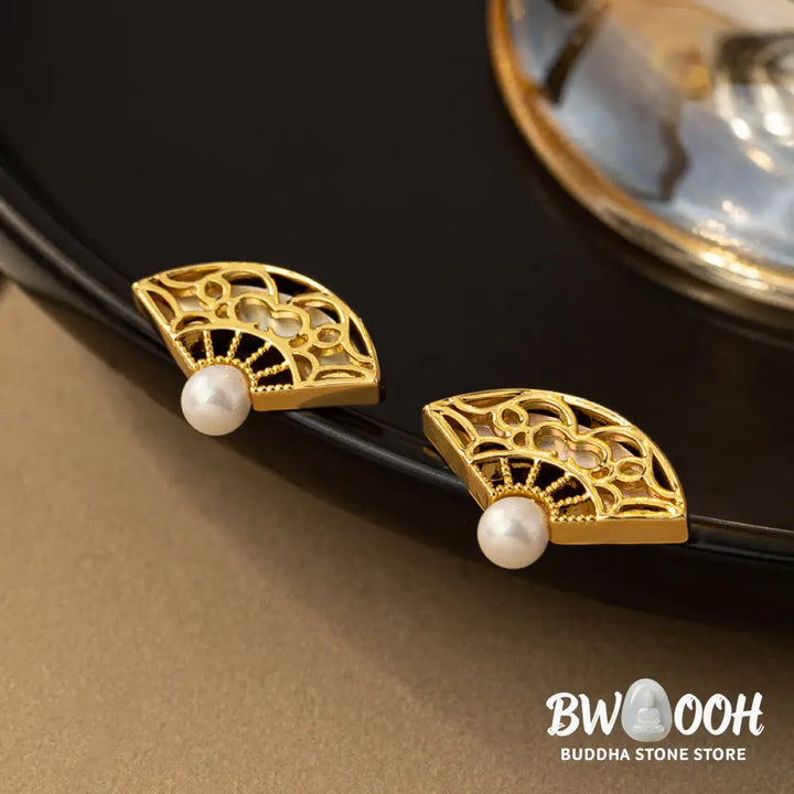 Buddha Stones 925 Sterling Silver Posts Fan Pattern Pearl Copper Wisdom Stud Drop Earrings - Pearl Copper(925 Sterling