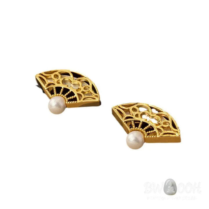 Buddha Stones 925 Sterling Silver Posts Fan Pattern Pearl Copper Wisdom Stud Drop Earrings - Pearl Copper(925 Sterling