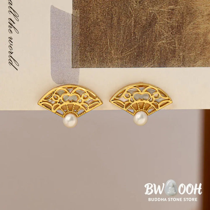 Buddha Stones 925 Sterling Silver Posts Fan Pattern Pearl Copper Wisdom Stud Drop Earrings - Pearl Copper(925 Sterling