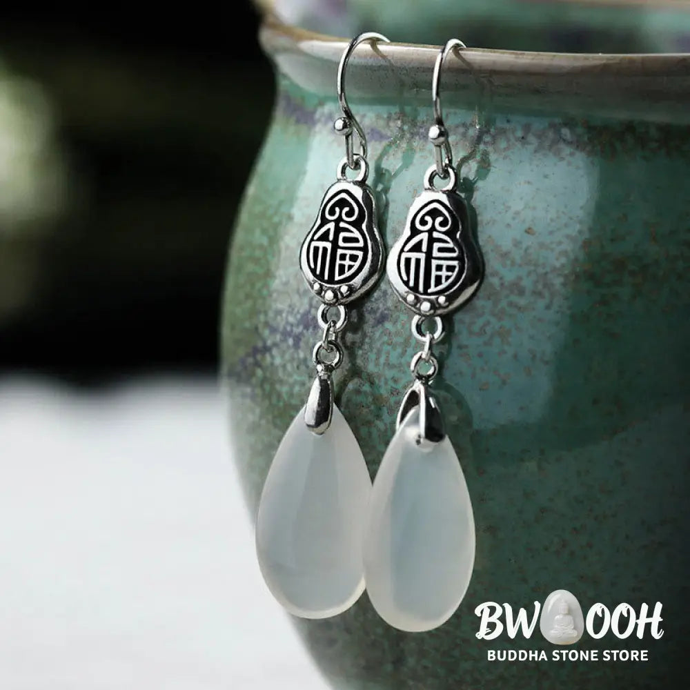 Buddha Stones 925 Sterling Silver Posts Natural Chalcedony Fu Character Positive Harmony Earrings - Chalcedony(925