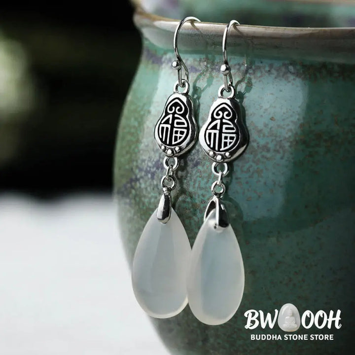 Buddha Stones 925 Sterling Silver Posts Natural Chalcedony Fu Character Positive Harmony Earrings - Chalcedony(925