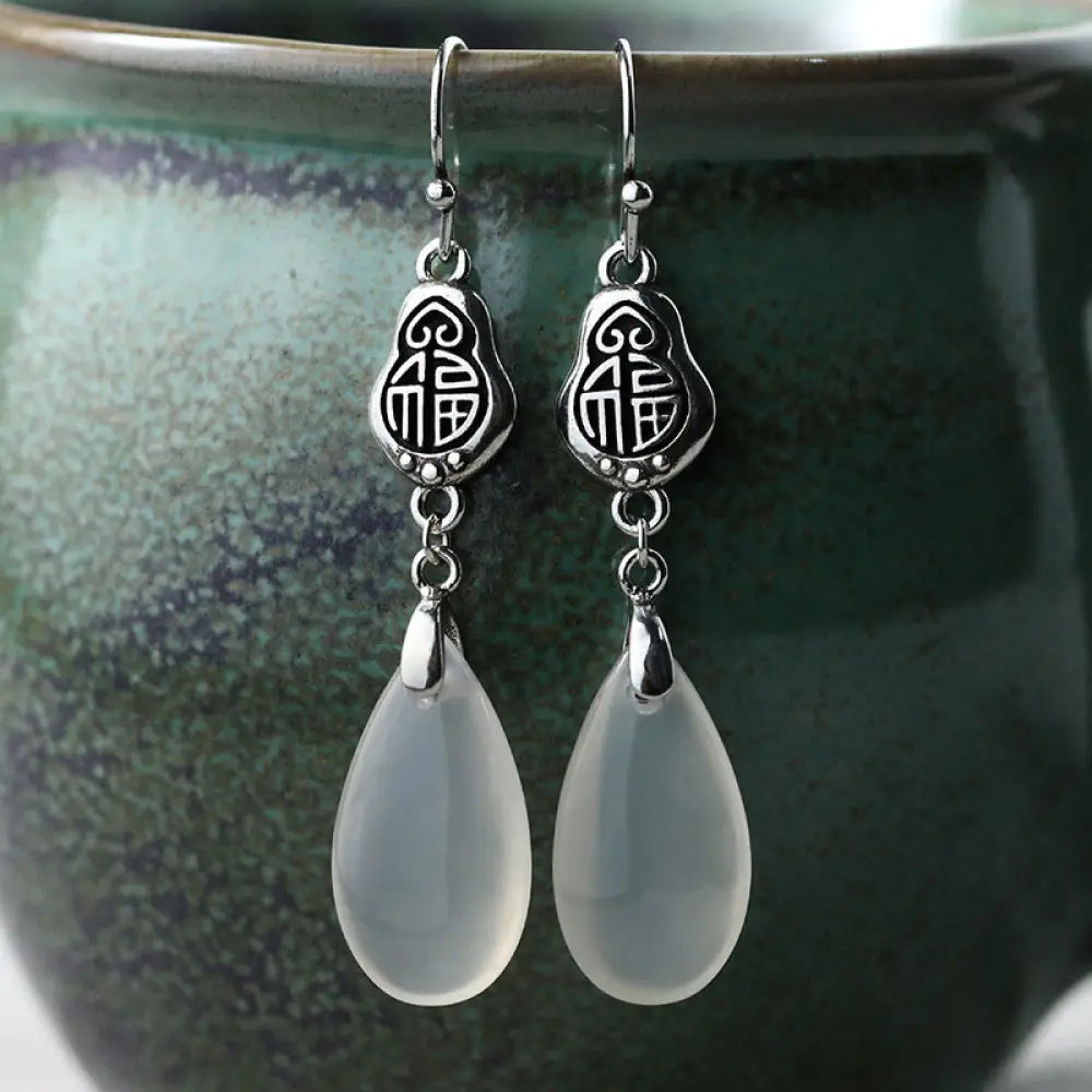 BWOOOH 925 Sterling Silver Posts Natural Chalcedony Fu Character Positive Harmony Earrings — Sterling Silver crystal heali...