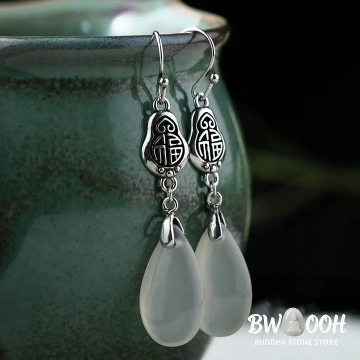 Buddha Stones 925 Sterling Silver Posts Natural Chalcedony Fu Character Positive Harmony Earrings - Chalcedony(925