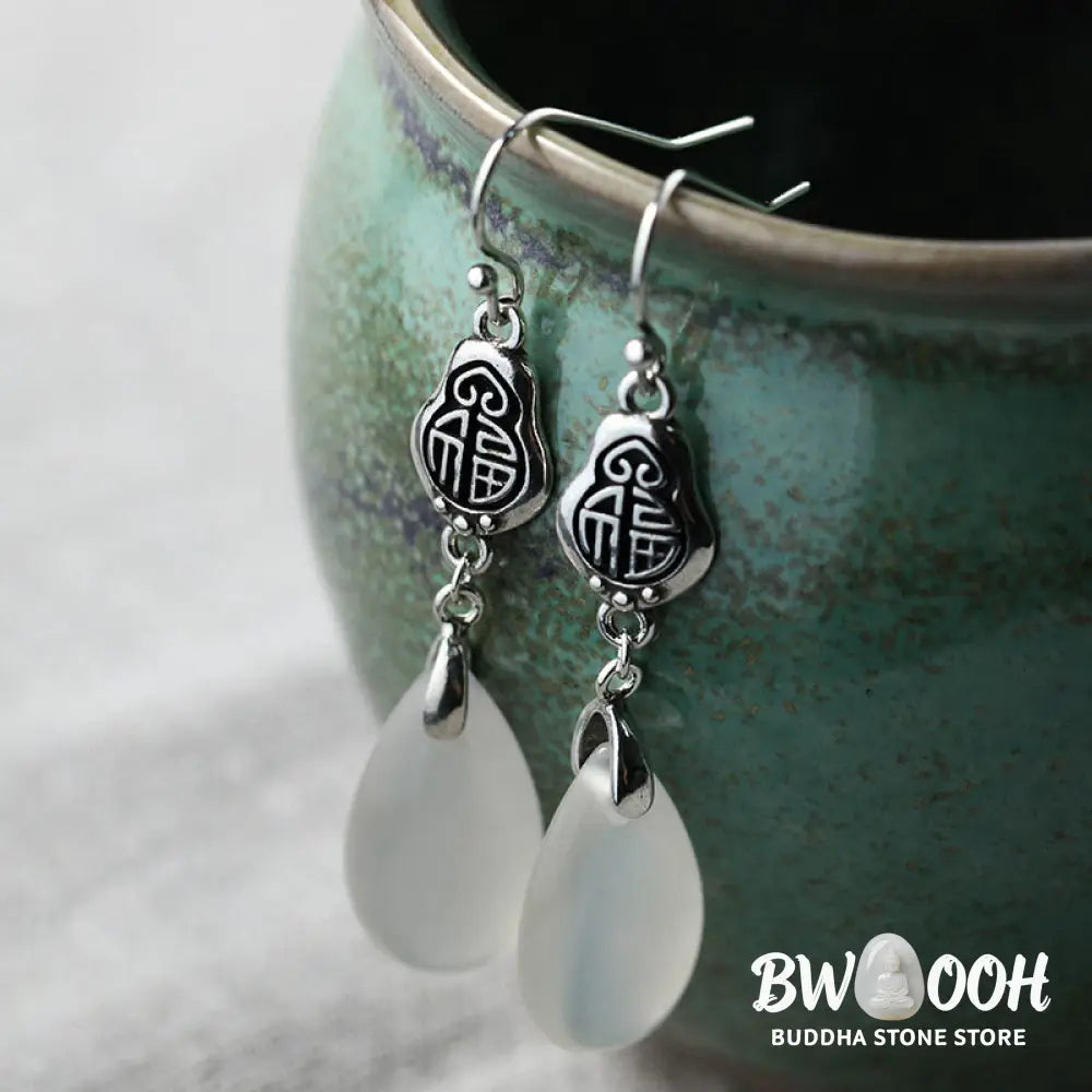 Buddha Stones 925 Sterling Silver Posts Natural Chalcedony Fu Character Positive Harmony Earrings - Chalcedony(925