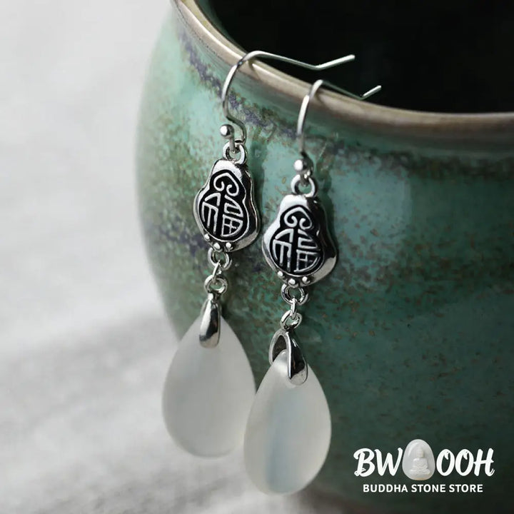 Buddha Stones 925 Sterling Silver Posts Natural Chalcedony Fu Character Positive Harmony Earrings - Chalcedony(925