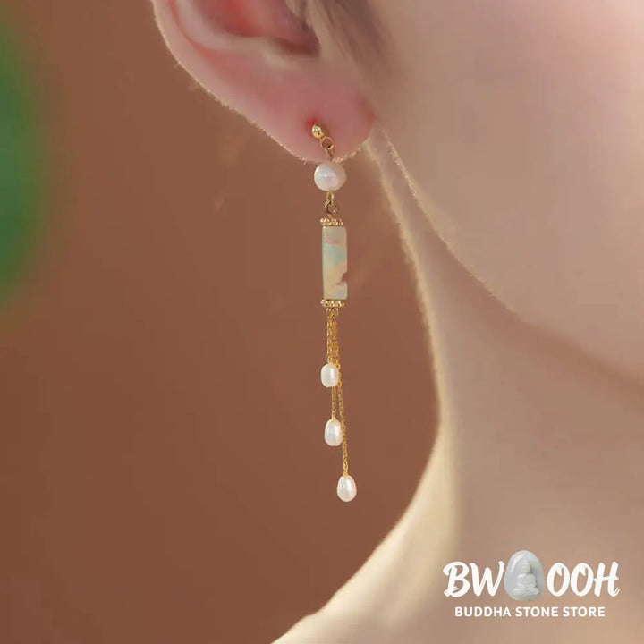 Buddha Stones 925 Sterling Silver Posts Shoushan Stone Pearl Healing Drop Earrings - Shoushan Stone(925 Sterling Silver