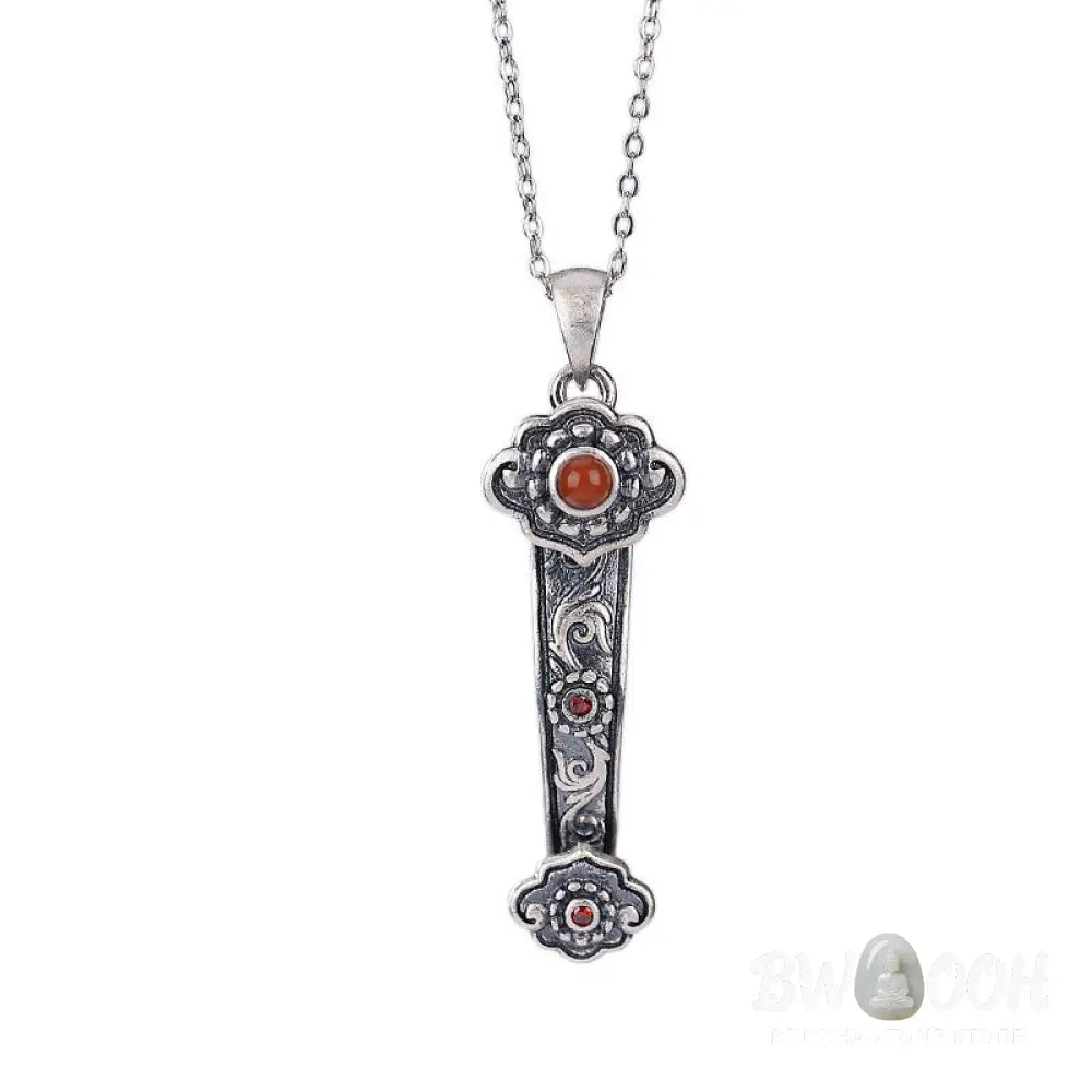 Buddha Stones 925 Sterling Silver Red Agate Cyan Jade Auspicious Clouds Ruyi Handle Blessing Necklace Pendant - BWOOOH