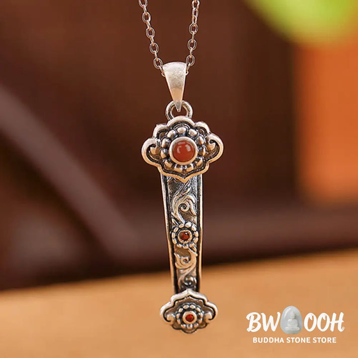 Buddha Stones 925 Sterling Silver Red Agate Cyan Jade Auspicious Clouds Ruyi Handle Blessing Necklace Pendant - BWOOOH