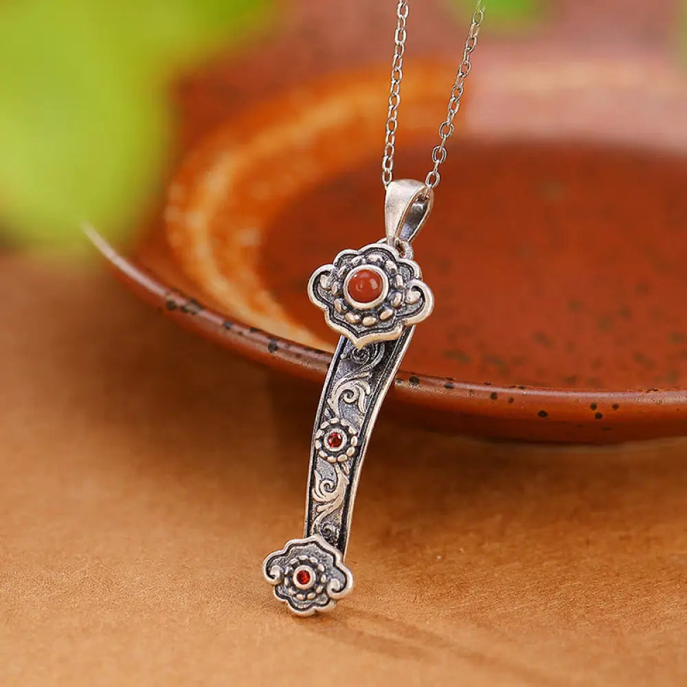 Buddha Stones 925 Sterling Silver Red Agate Cyan Jade Auspicious Clouds Ruyi Handle Blessing Necklace Pendant - BWOOOH