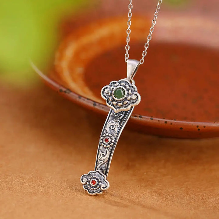 Buddha Stones 925 Sterling Silver Red Agate Cyan Jade Auspicious Clouds Ruyi Handle Blessing Necklace Pendant - BWOOOH