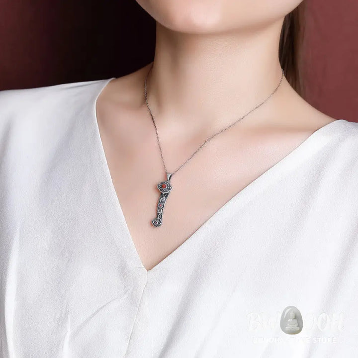 Buddha Stones 925 Sterling Silver Red Agate Cyan Jade Auspicious Clouds Ruyi Handle Blessing Necklace Pendant - BWOOOH
