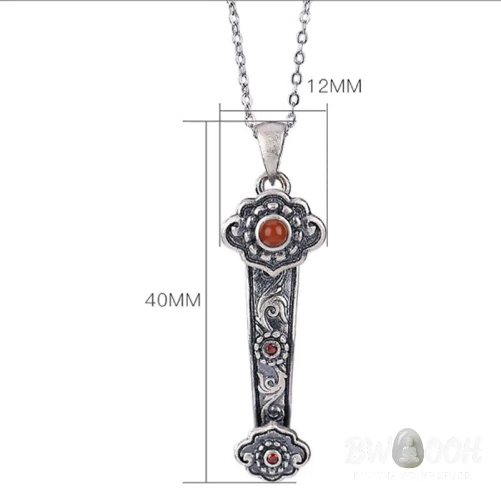 Buddha Stones 925 Sterling Silver Red Agate Cyan Jade Auspicious Clouds Ruyi Handle Blessing Necklace Pendant - BWOOOH