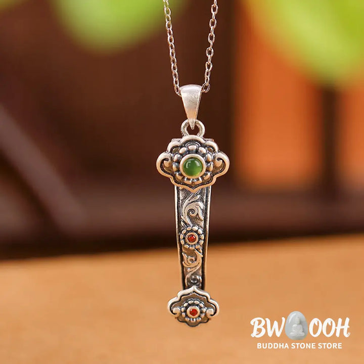 Buddha Stones 925 Sterling Silver Red Agate Cyan Jade Auspicious Clouds Ruyi Handle Blessing Necklace Pendant - BWOOOH