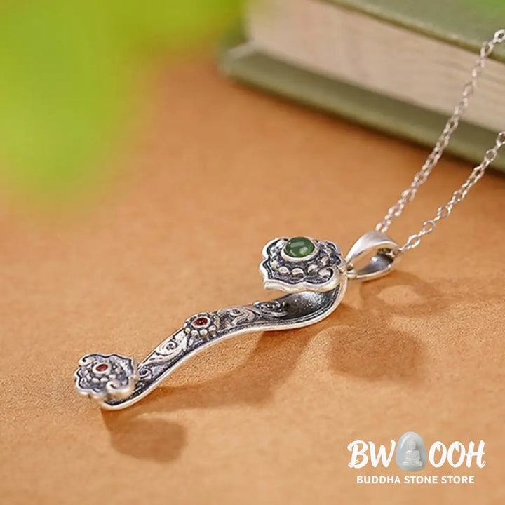 Buddha Stones 925 Sterling Silver Red Agate Cyan Jade Auspicious Clouds Ruyi Handle Blessing Necklace Pendant - BWOOOH