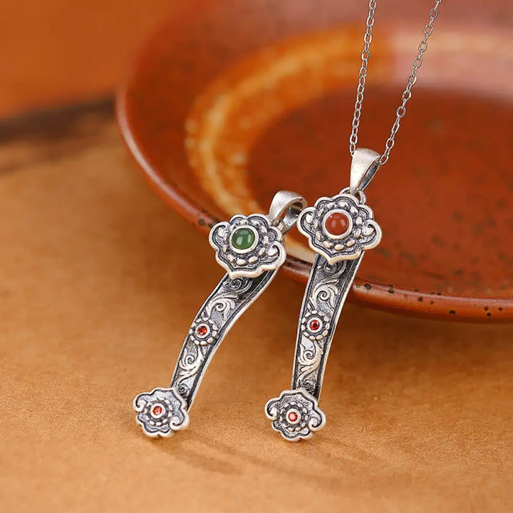 Buddha Stones 925 Sterling Silver Red Agate Cyan Jade Auspicious Clouds Ruyi Handle Blessing Necklace Pendant - BWOOOH
