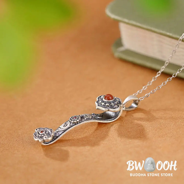 Buddha Stones 925 Sterling Silver Red Agate Cyan Jade Auspicious Clouds Ruyi Handle Blessing Necklace Pendant - BWOOOH