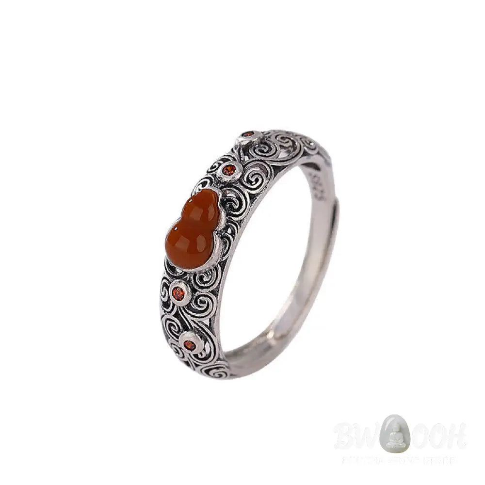 Buddha Stones 925 Sterling Silver Red Agate Cyan Jade Gourd Blessing Auspicious Ring - BWOOOH - Ring