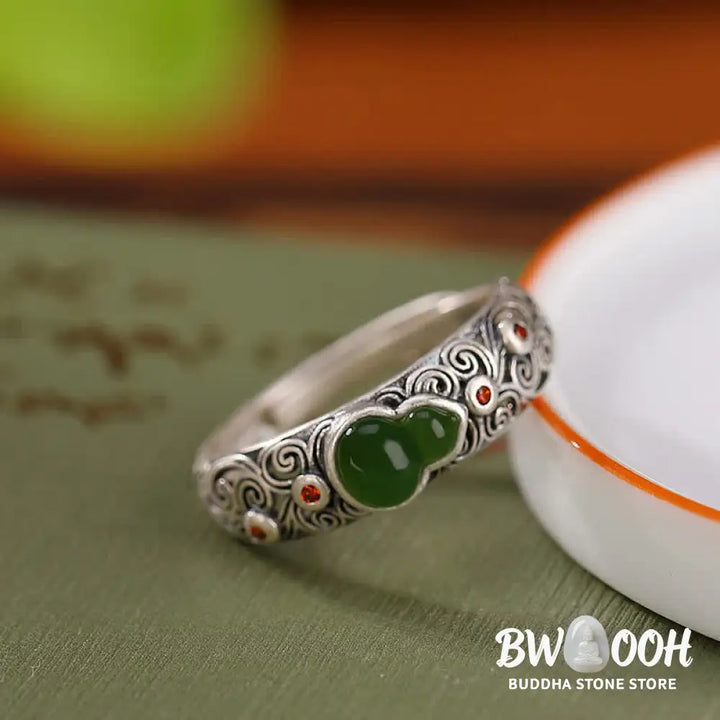 Buddha Stones 925 Sterling Silver Red Agate Cyan Jade Gourd Blessing Auspicious Ring - BWOOOH - Ring