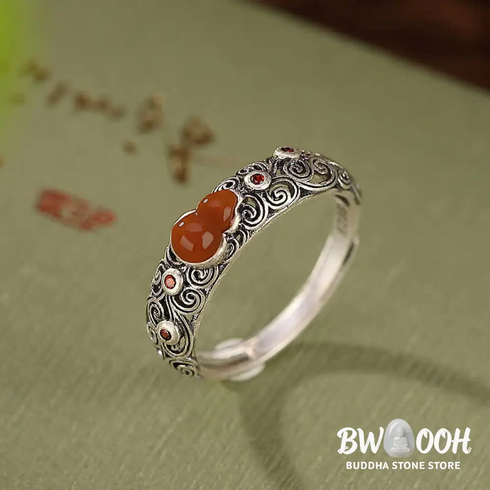 Buddha Stones 925 Sterling Silver Red Agate Cyan Jade Gourd Blessing Auspicious Ring - BWOOOH - Ring