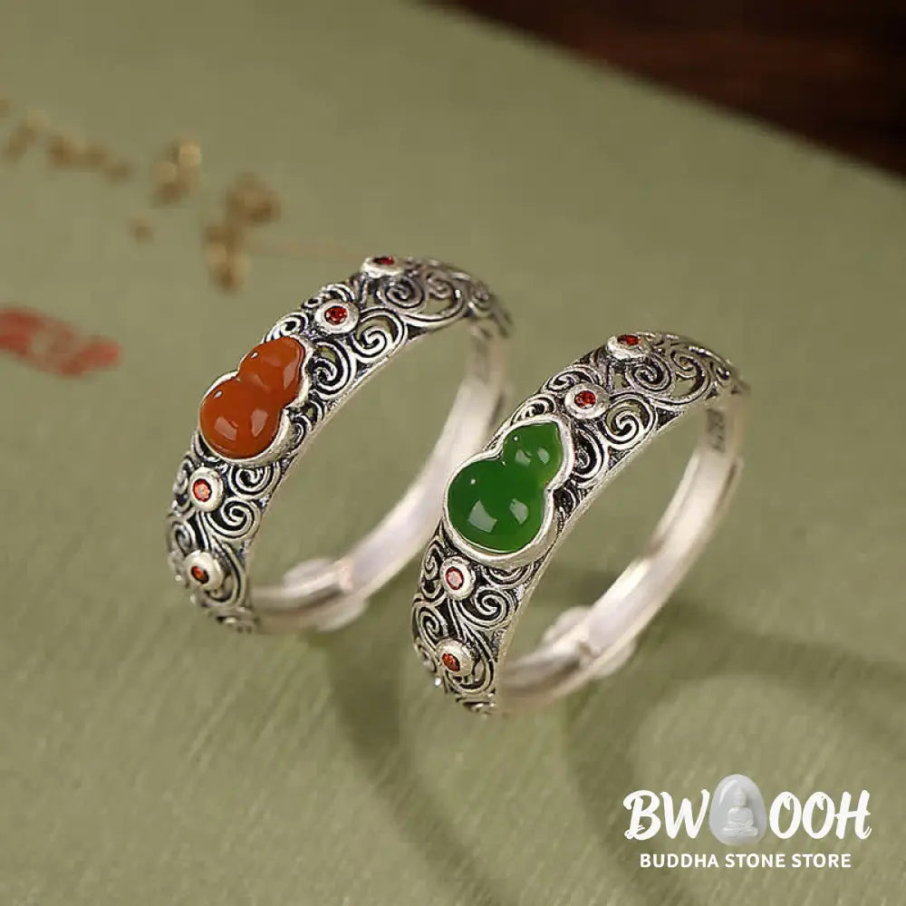Buddha Stones 925 Sterling Silver Red Agate Cyan Jade Gourd Blessing Auspicious Ring - BWOOOH - Ring