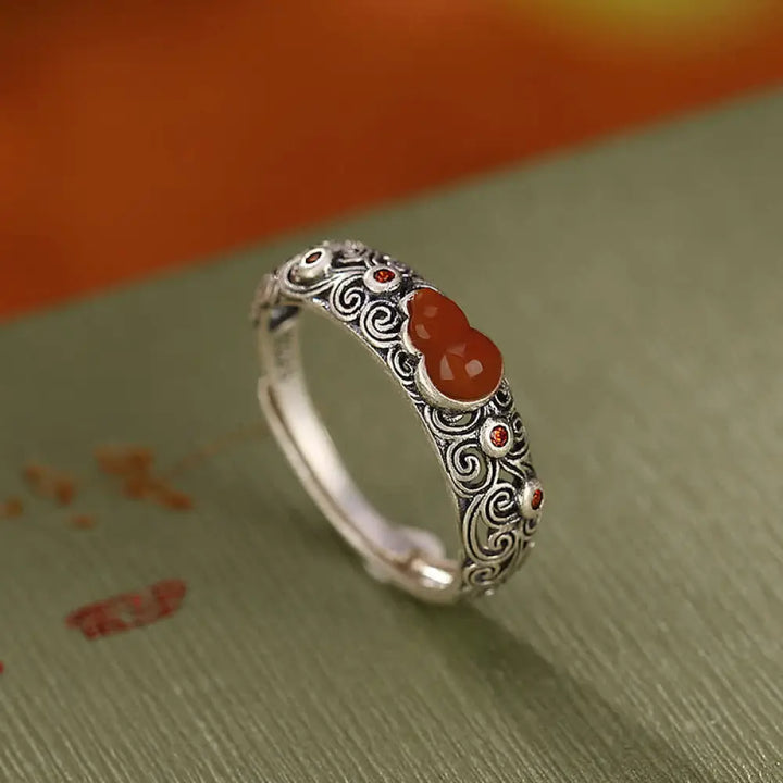 BWOOOH 925 Sterling Silver Red Agate Cyan Jade Gourd Blessing Auspicious Ring — Sterling Silver jade bracelet for spiritua...