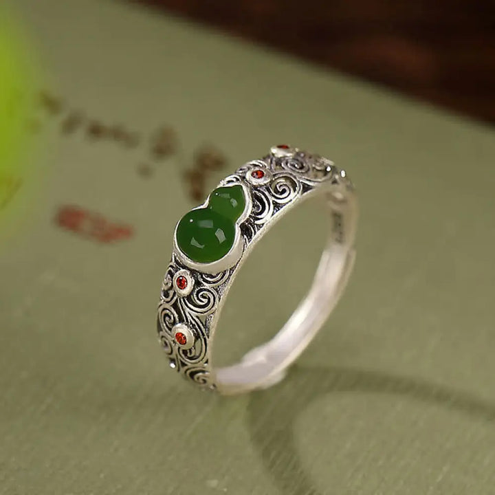 Buddha Stones 925 Sterling Silver Red Agate Cyan Jade Gourd Blessing Auspicious Ring - BWOOOH - Cyan