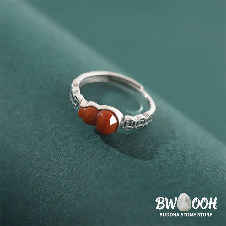 Buddha Stones 925 Sterling Silver Red Agate Gourd Copper Coin Self-acceptance Ring - BWOOOH - Red
