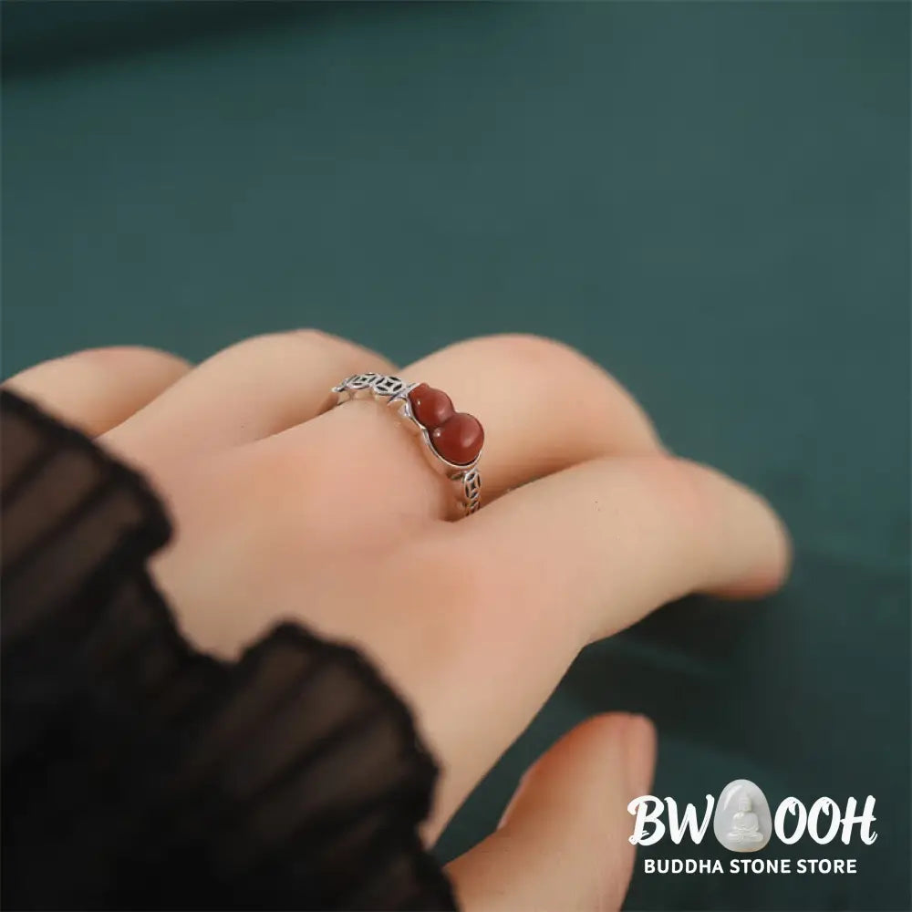 Buddha Stones 925 Sterling Silver Red Agate Gourd Copper Coin Self-acceptance Ring - BWOOOH - Red