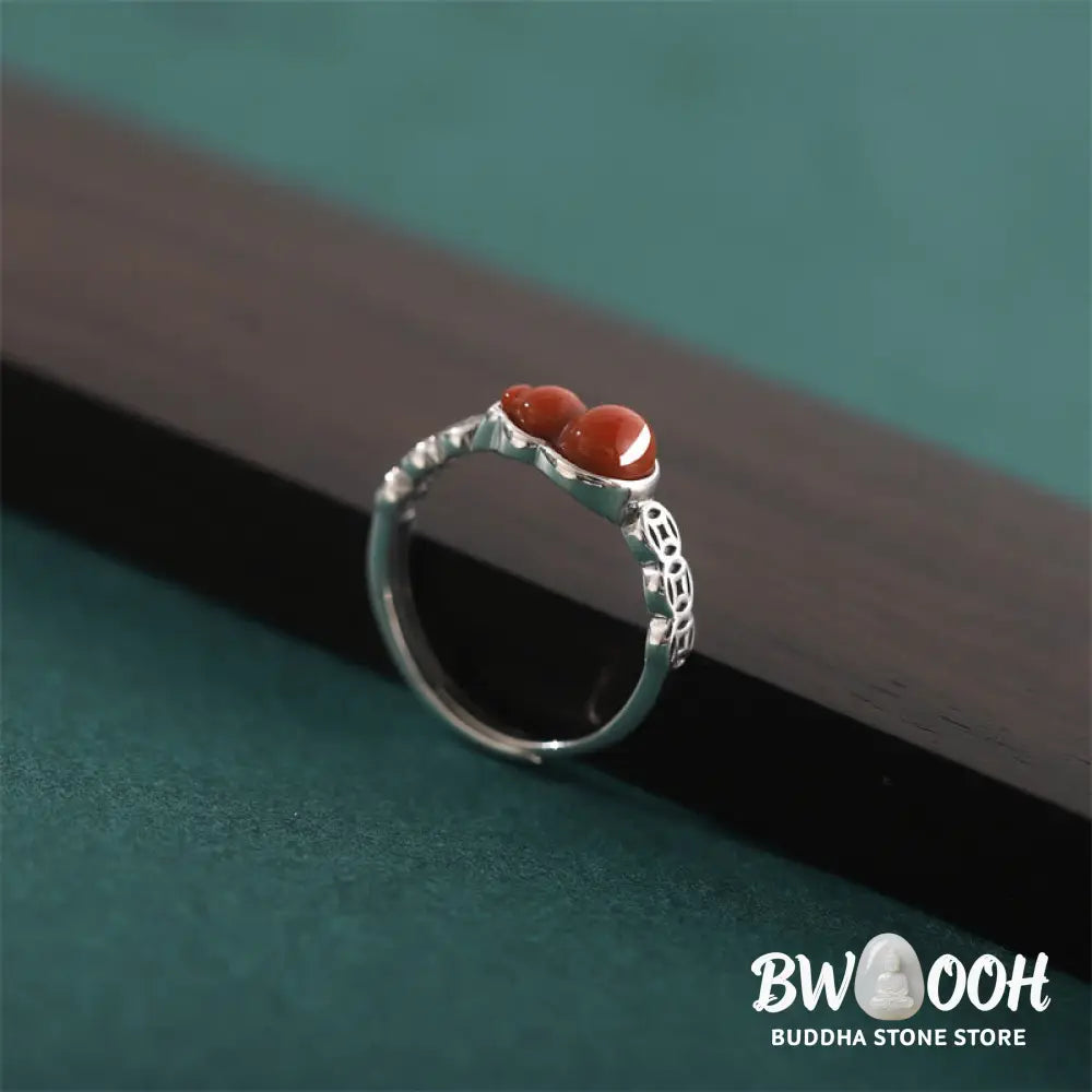 Buddha Stones 925 Sterling Silver Red Agate Gourd Copper Coin Self-acceptance Ring - BWOOOH - Red