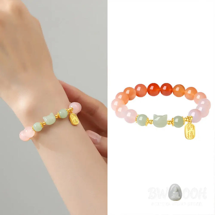 Buddha Stones 925 Sterling Silver Red Agate Hetian Jade Cat Fu Character Confidence Bracelet - BWOOOH - Red Agate(Wrist
