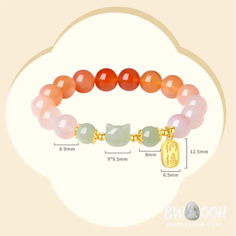 Buddha Stones 925 Sterling Silver Red Agate Hetian Jade Cat Fu Character Confidence Bracelet - BWOOOH - Red Agate(Wrist