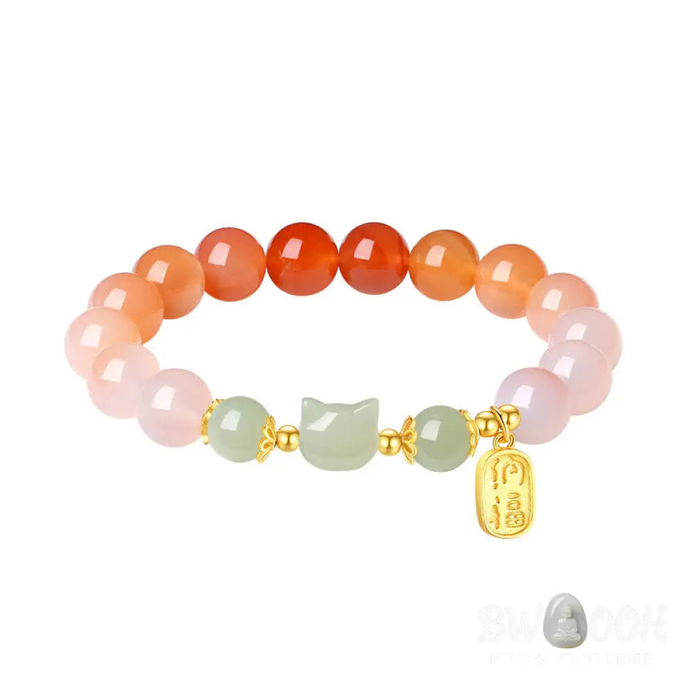 Buddha Stones 925 Sterling Silver Red Agate Hetian Jade Cat Fu Character Confidence Bracelet - BWOOOH - Red Agate(Wrist
