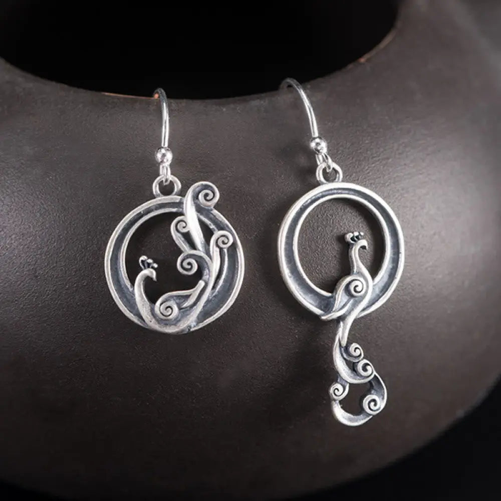 BWOOOH 925 Sterling Silver Round Asymmetry Peacock Fortune Earrings — Sterling Silver crystal healing bracelet for spiritu...