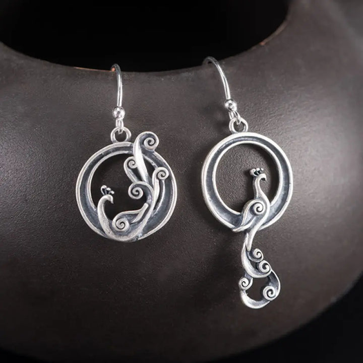 BWOOOH 925 Sterling Silver Round Asymmetry Peacock Fortune Earrings — Sterling Silver crystal healing bracelet for spiritu...