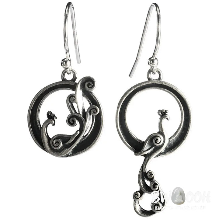 Buddha Stones 925 Sterling Silver Round Asymmetry Peacock Fortune Earrings - 925 Sterling Silver - Earrings