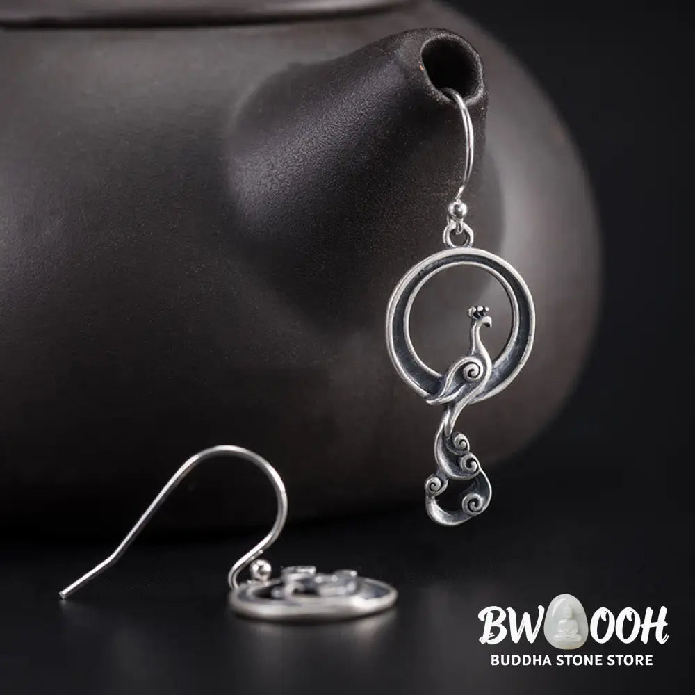 Buddha Stones 925 Sterling Silver Round Asymmetry Peacock Fortune Earrings - 925 Sterling Silver - Earrings
