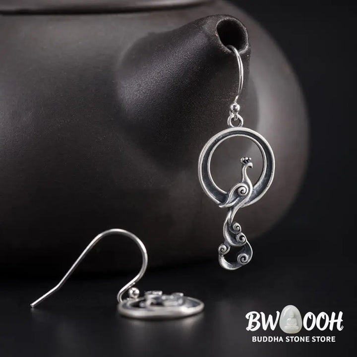 Buddha Stones 925 Sterling Silver Round Asymmetry Peacock Fortune Earrings - 925 Sterling Silver - Earrings