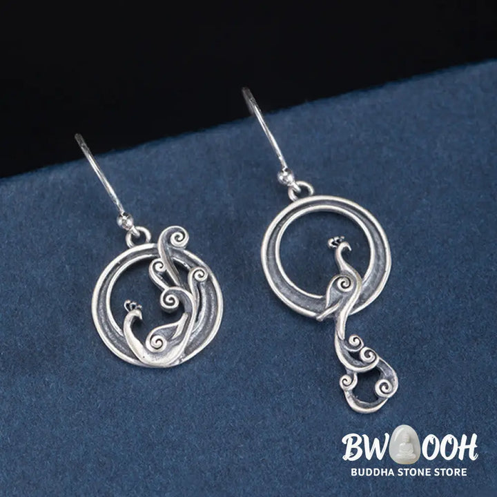 Buddha Stones 925 Sterling Silver Round Asymmetry Peacock Fortune Earrings - 925 Sterling Silver - Earrings
