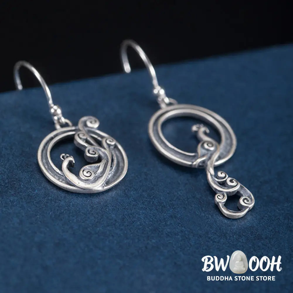 Buddha Stones 925 Sterling Silver Round Asymmetry Peacock Fortune Earrings - 925 Sterling Silver - Earrings