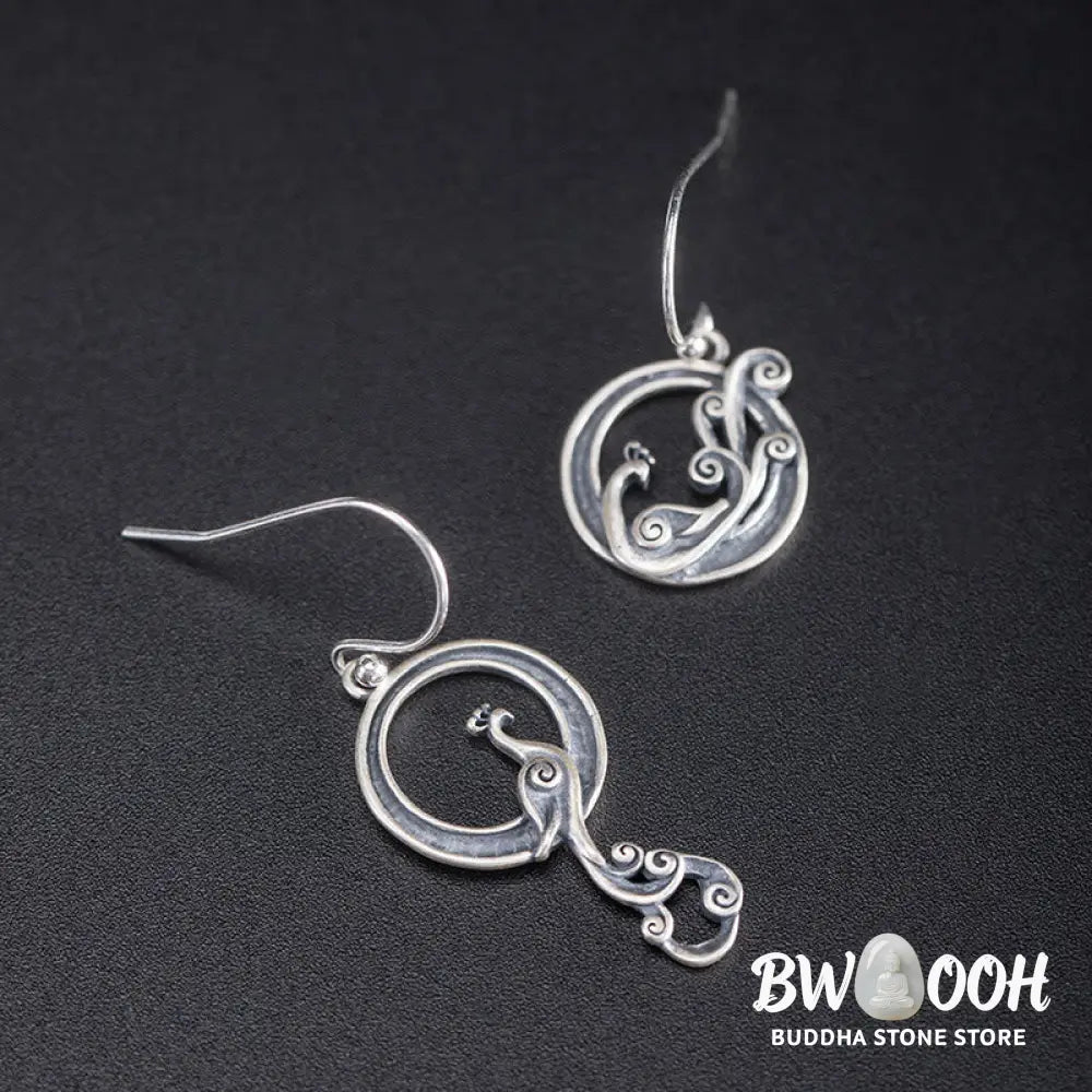 Buddha Stones 925 Sterling Silver Round Asymmetry Peacock Fortune Earrings - 925 Sterling Silver - Earrings